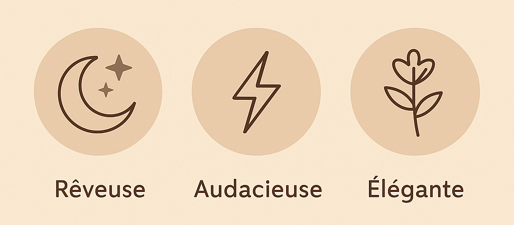 Illustration des différents profils de femmes associés à leur type de musc tahara : floral, gourmand, pur, sensoriel.